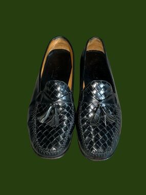 Cole Haan Resort Black Leather Basket Weave Tassle Loafers Mens Size 10D Vintage